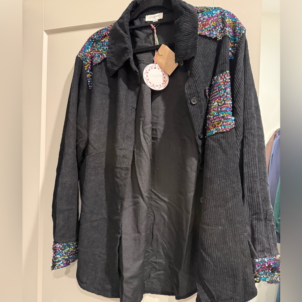 Umgee Black Corduroy Jacket with Multicolor Sequin Accents